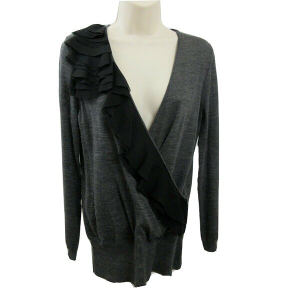 Ann Taylor LOFT Gray Thin Wool Blend Sweater Size M Petite Black Front Ruffle - Picture 1 of 6